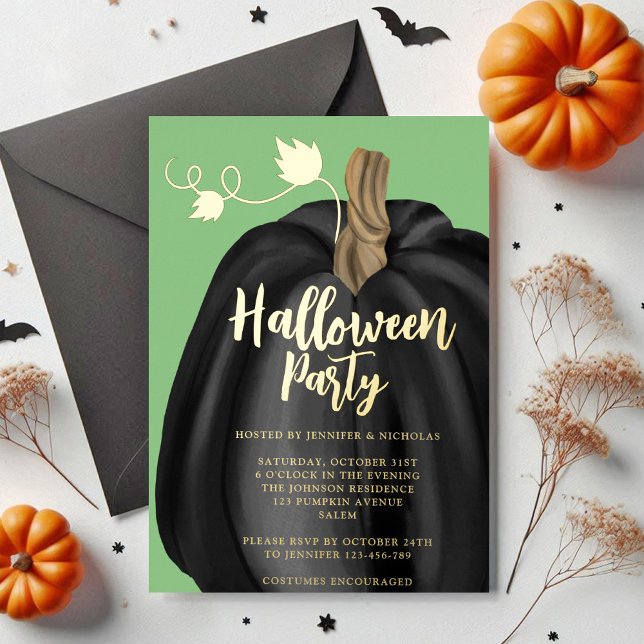 Invitation En Aluminium Soirée d'Halloween Citrouille Vert (Cute Green Gold Pumpkin Halloween Party Foil Invitation)