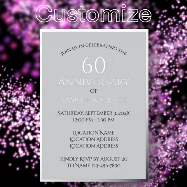 Invitation En Aluminium Soirée du 60e anniversaire du Mariage sur mesure (Customize this simple elegant silver foil diamond 60th wedding anniversary party invitation.
)