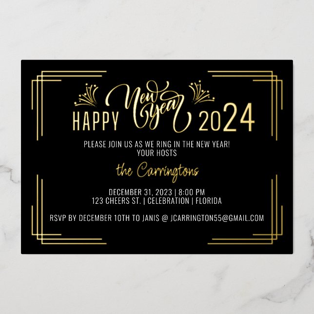 Invitation En Aluminium Soirée Gold & Black du Nouvel An (Recto)