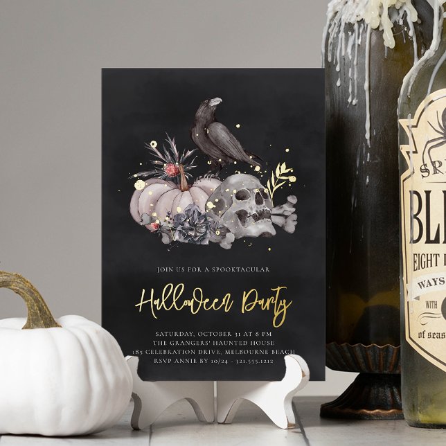 Invitation En Aluminium Soirée Halloween Crâne & Corbeau (Créateur téléchargé)