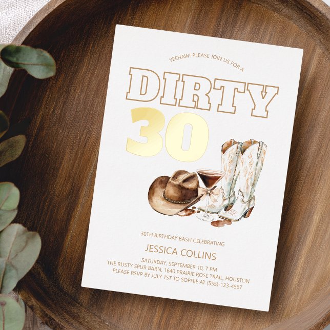 Invitation En Aluminium Soirée Trente Western Cowgirl 30e fête d'anniversa (Dirty Thirty Western Cowgirl 30th Birthday Party Foil Invitation)