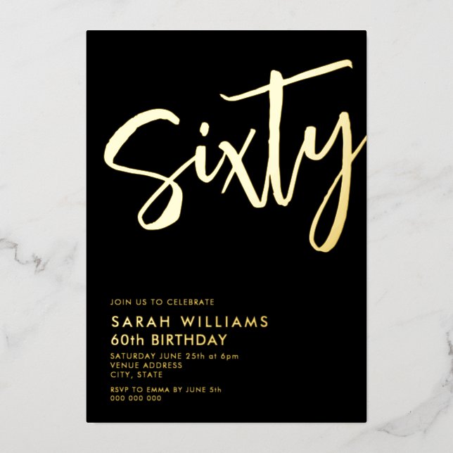 Invitation En Aluminium Soixante Black Gold moderne 60e anniversaire (Recto)