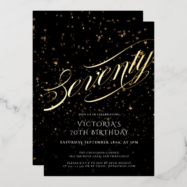 Invitation En Aluminium Soixante-dix Confetti Black Gold Elégant 70e anniv (Recto/Verso)
