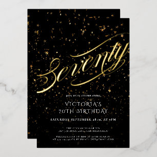 Invitation En Aluminium Soixante-dix Confettis Noir Or Élégant 70e Anniver
