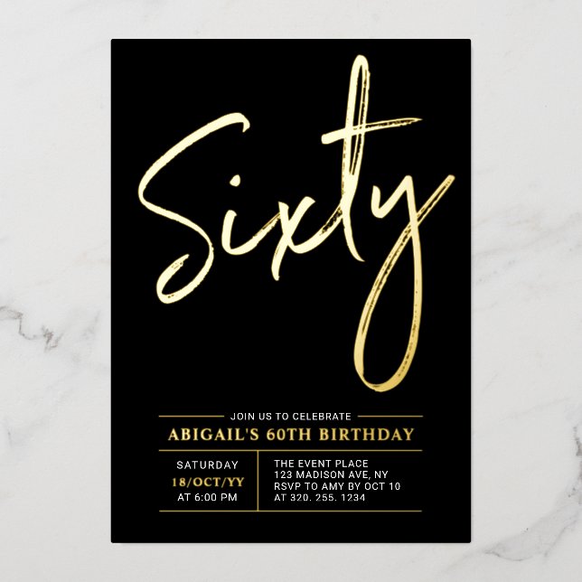 Invitation En Aluminium Soixante | Modern Gold & Black 60th Birthday Party (Recto)