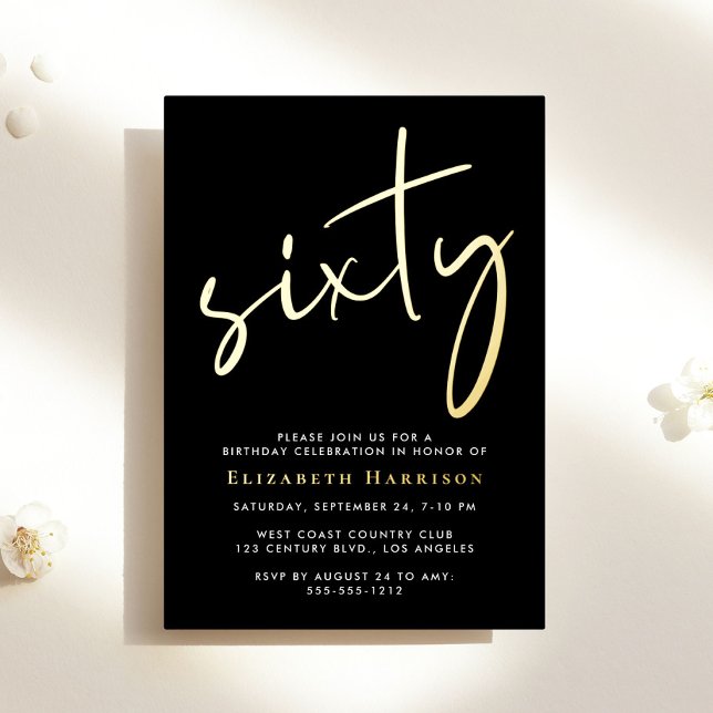 Invitation En Aluminium Soixantième anniversaire Chic Script Noir Or (Créateur téléchargé)
