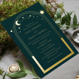 Invitation En Aluminium Soleil Lune Astronomie Espace Vert Mystique Or