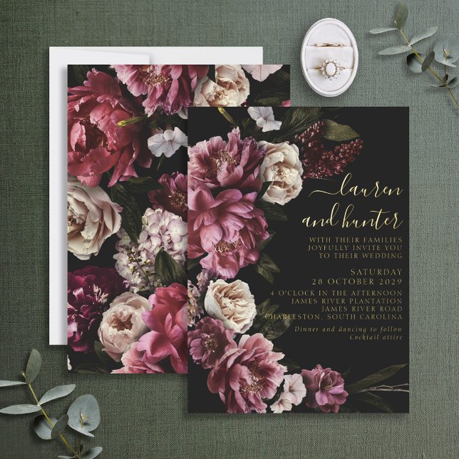 Invitation En Aluminium Sombre Moody Blush Bourgogne Floral Mariage Or (Créateur téléchargé)