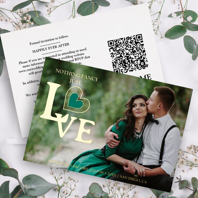 Invitation En Aluminium Sophisticated Green Heart Golden Embossed Wedding  (Créateur téléchargé)