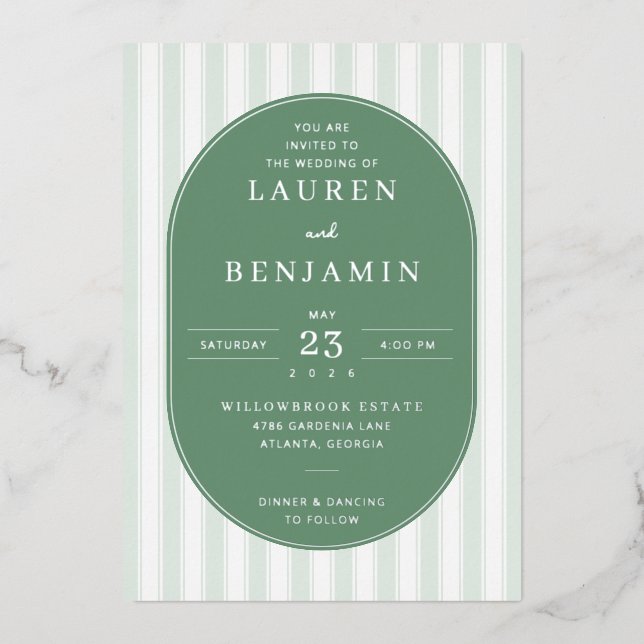 Invitation En Aluminium Sophisticated Sage Green Stripes (Recto)