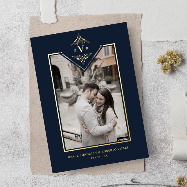 Invitation En Aluminium Sophistiqué Marine Flourish Chic Golden Initiales (Créateur téléchargé)