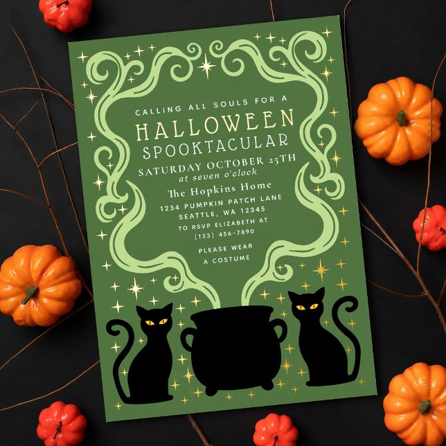 Invitation En Aluminium Sorcier Chat Noir Chaudron Vert Fête Halloween (Créateur téléchargé)