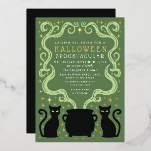 Invitation En Aluminium Sorcier Chat Noir Chaudron Vert Fête Halloween