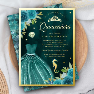 Invitation En Aluminium Sous la Mer Sarcelle Foncé Mermaid Quinceanera Or