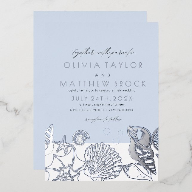 Invitation En Aluminium Sous la mer Silver Blue Shells Mariage moderne (Recto/Verso)