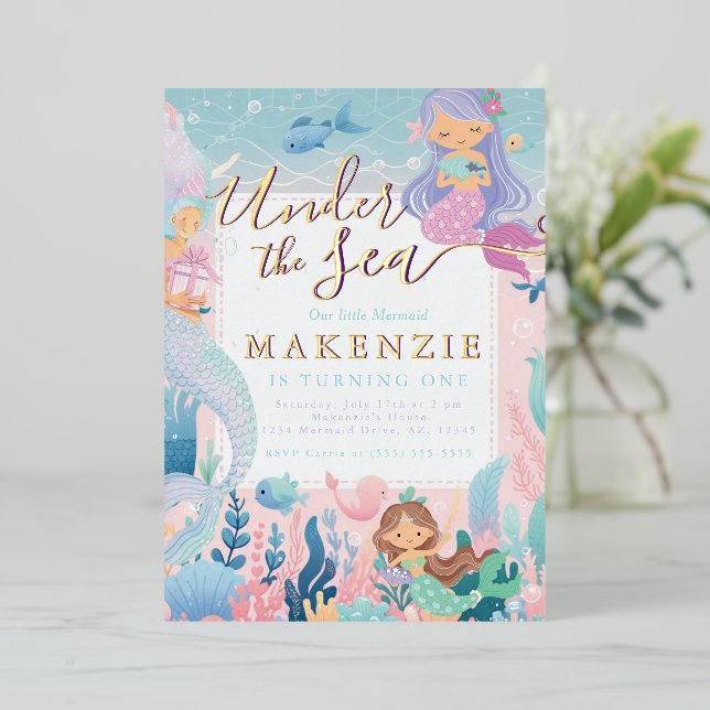 Invitation En Aluminium Sous la sirène d'anniversaire de la mer (Debout devant)