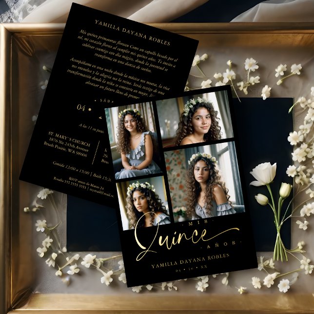 Invitation En Aluminium Spanish Black Trendy Quinceañera Collage 4 Photos (Spanish Black Trendy Quinceañera Collage 4 Photos Metallic Foil Invitation Card. )