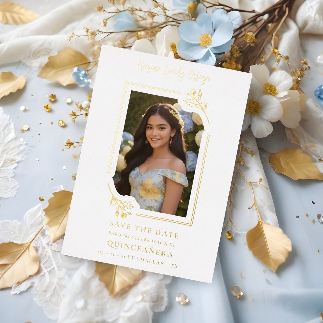 Invitation En Aluminium Spanish Elegant Photo Quinceañera Yellow Floral (Spanish Elegant Photo Quinceañera Floral Frame in Golden Metallic Foil Save the Date Card. )