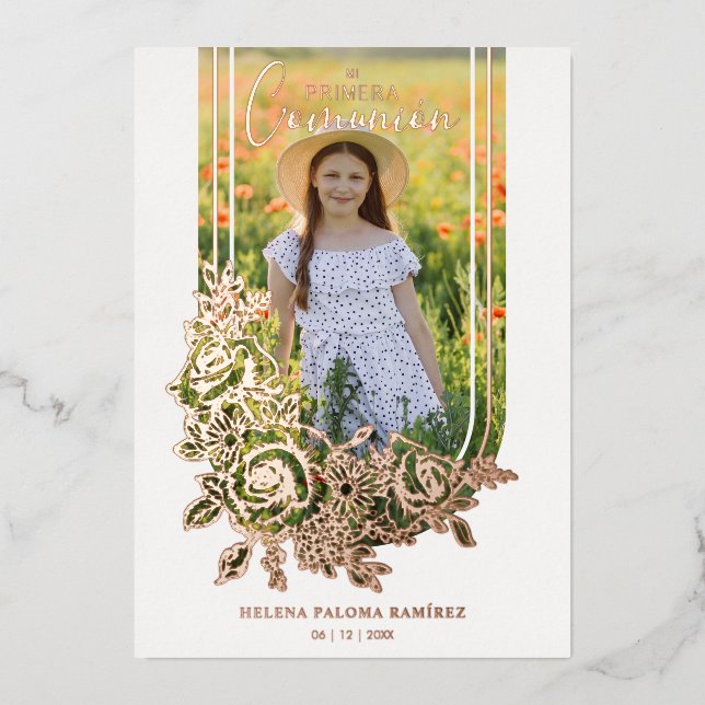 Invitation En Aluminium Spanish Luxury Trend Floral Primera Comunión Photo (Recto)