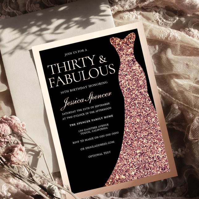 Invitation En Aluminium Sparkle Dress 30th Birthday Party Black Rose Gold  (Créateur téléchargé)