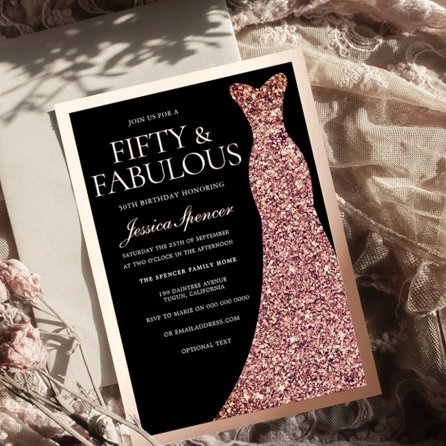 Invitation En Aluminium Sparkle Dress Womans 50th Birthday Black Rose Gold (Créateur téléchargé)