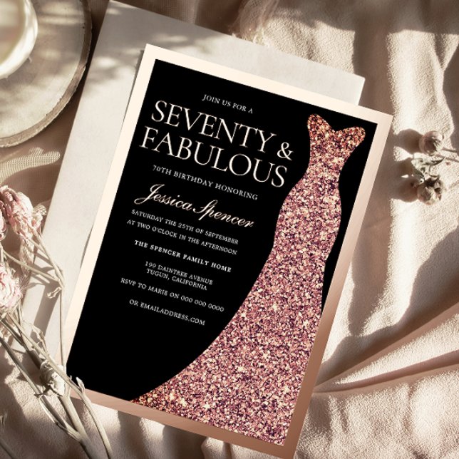 Invitation En Aluminium Sparkle Dress Womans 70th Birthday Black Rose Gold (Créateur téléchargé)