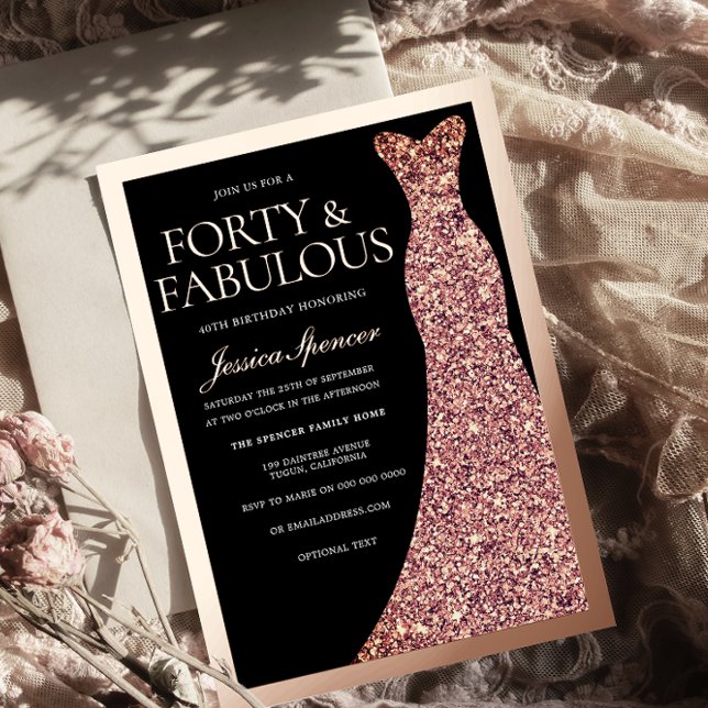 Invitation En Aluminium Sparkle Dress Womans Black 40th Birthday Rose Gold (Créateur téléchargé)