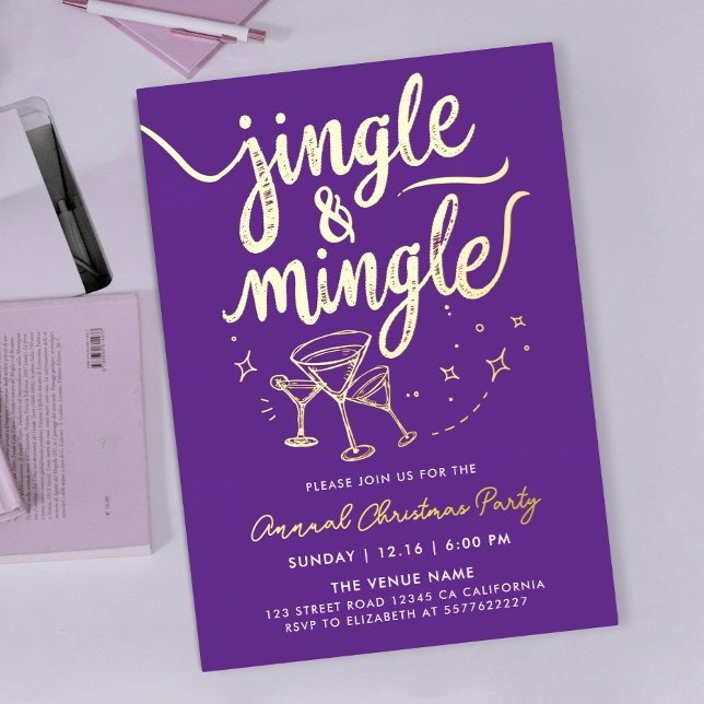 Invitation En Aluminium Sparkly Gold Purple Jingle Mingle Cocktail Doodles (Créateur téléchargé)