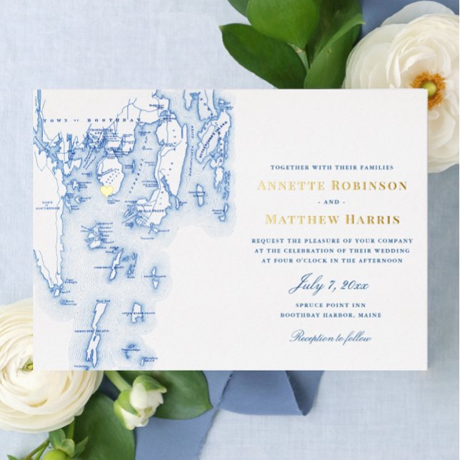 Invitation En Aluminium Spruce Point Inn Maine Mariage Navy et Gold (Elegant Navy Blue Spruce Point Inn Boothbay Harbor Maine Wedding Invitations with real Gold Foil )