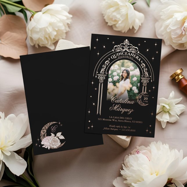 Invitation En Aluminium Star de la lune céleste Tiara Arch Photo Quinceañe (Celestial Moon Star Tiara Arch Photo Quinceañera Foil Invitation)