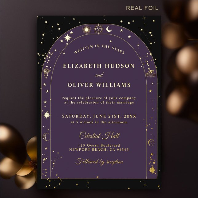 Invitation En Aluminium Stars célestes Lune or Boho Arch Mariage (celestial wedding invitation moon stars sun planets starry night boho arch black purple gold zodiac)