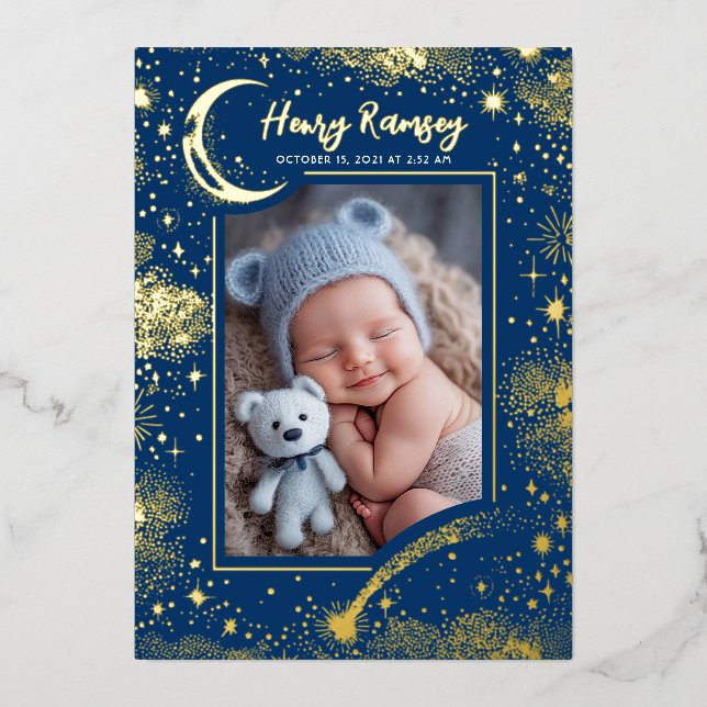 Invitation En Aluminium Stars Celestial Cute Blue Photos Nouveau-né Naissa (Recto)
