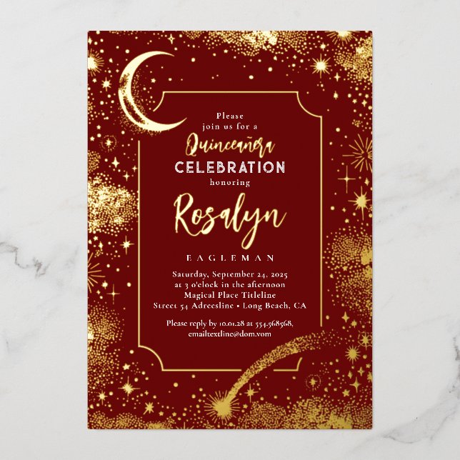 Invitation En Aluminium Stars d'or céleste et Quinceanera nocturne de la l (Recto)