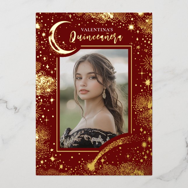 Invitation En Aluminium Stars d'or céleste Lune Nuit Quinceanera Photo (Recto)