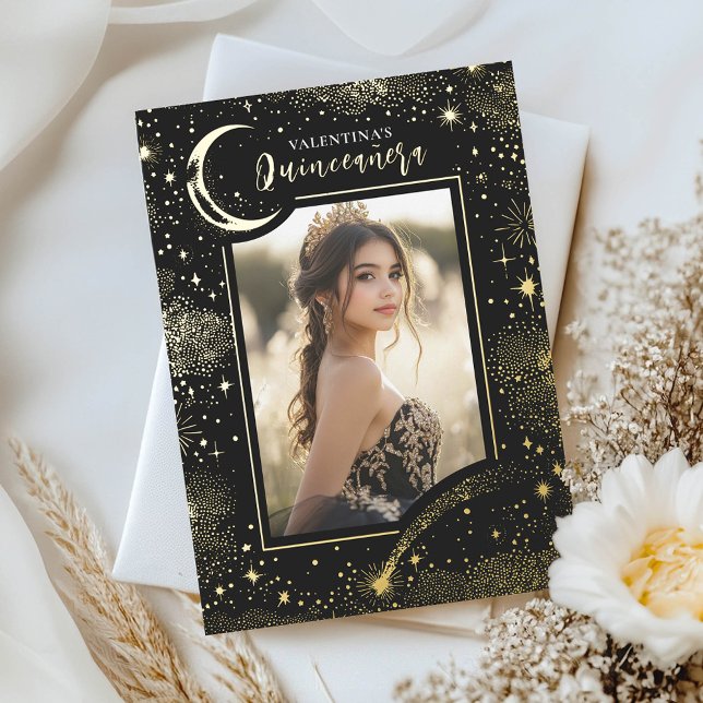 Invitation En Aluminium Stars d'or céleste Lune Nuit Quinceanera Photo (Quinceanera Black Moon and Stars 15th Birthday Invitation with Photo)