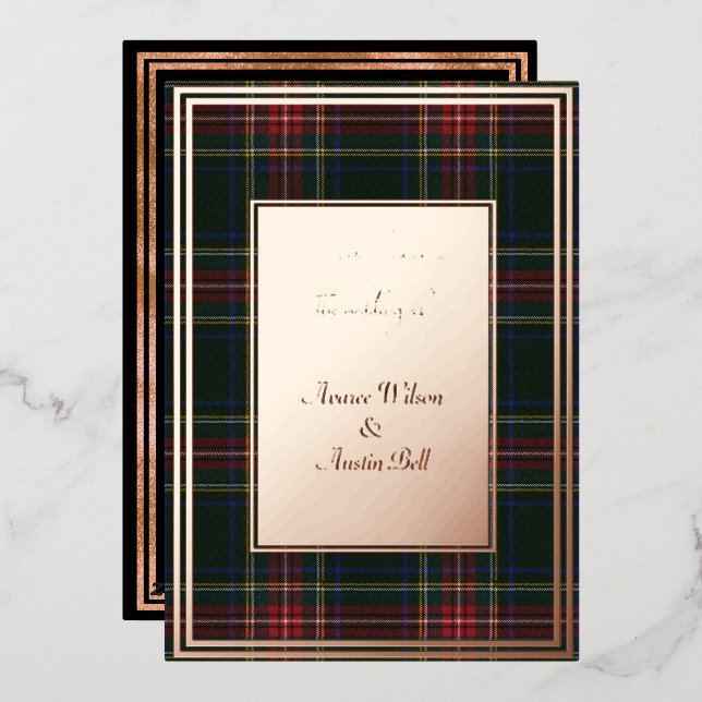 Invitation En Aluminium Stewart Black Moderne Original Tartan Rose Gold (Recto/Verso)