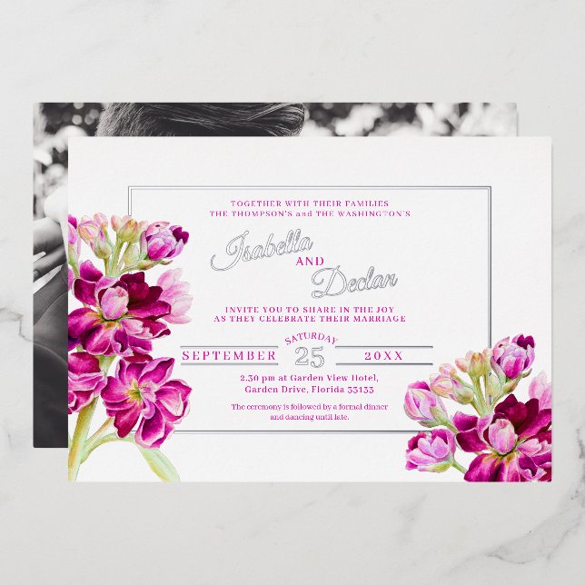 Invitation En Aluminium Stock rose foncé aquarelle mariage cadre or  (Recto/Verso)