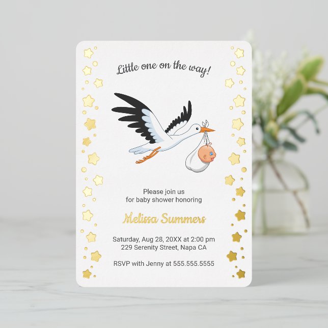 Invitation En Aluminium Stork Carrying Baby Selfie Baby Shower (Debout devant)