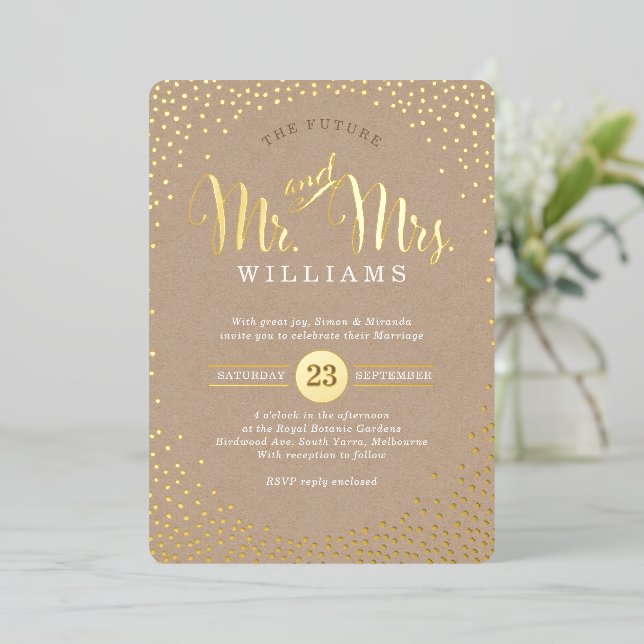 Invitation En Aluminium STYLE MODERNE MARIAGE confetti kraft or brun (Debout devant)