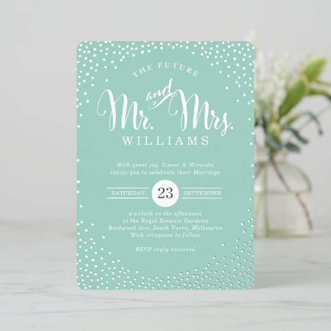 Invitation En Aluminium STYLE MODERNE MARIAGE mini confetti menthe argent (Debout devant)