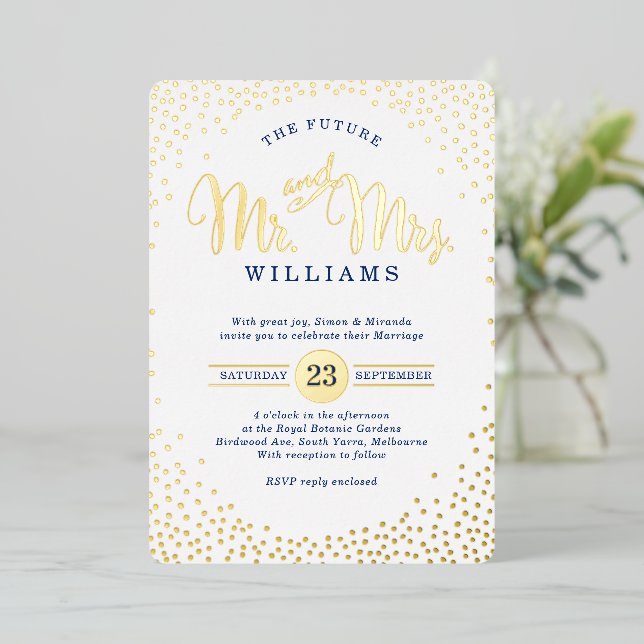 Invitation En Aluminium STYLE MODERNE MARIAGE mini confetti or marine (Debout devant)