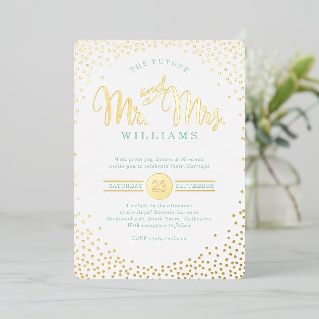 Invitation En Aluminium STYLE MODERNE MARIAGE mini confetti or menthe (Debout devant)