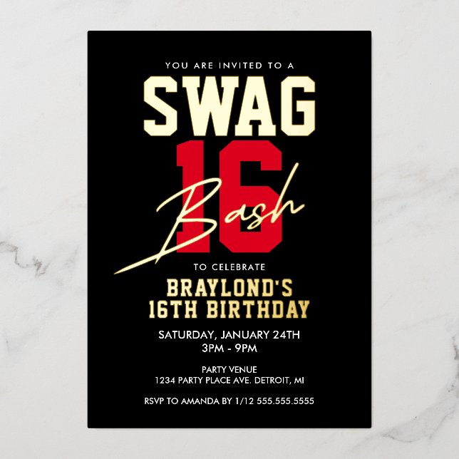 Invitation En Aluminium Style Varsity Swag 16 Anniversaire (Recto)