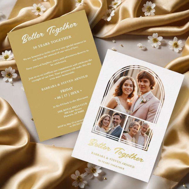 Invitation En Aluminium Stylish Arch 3 Photos Elegant Wedding Anniversary  (Stylish Arch 3 Photos Elegant Wedding Anniversary Gold Metallic Foil Invitation Card as a Time Life.)