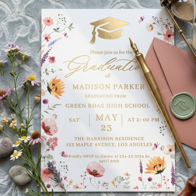 Invitation En Aluminium Stylish Wildflower Meadow Garden  Graduation (Créateur téléchargé)