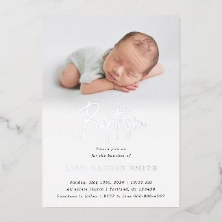 Invitation En Aluminium Subtle Cross One Photo Baptism Argent