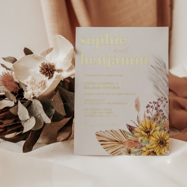 Invitation En Aluminium Sunflower Boho Pampas Fleurs séchées Or Mariage (Créateur téléchargé)
