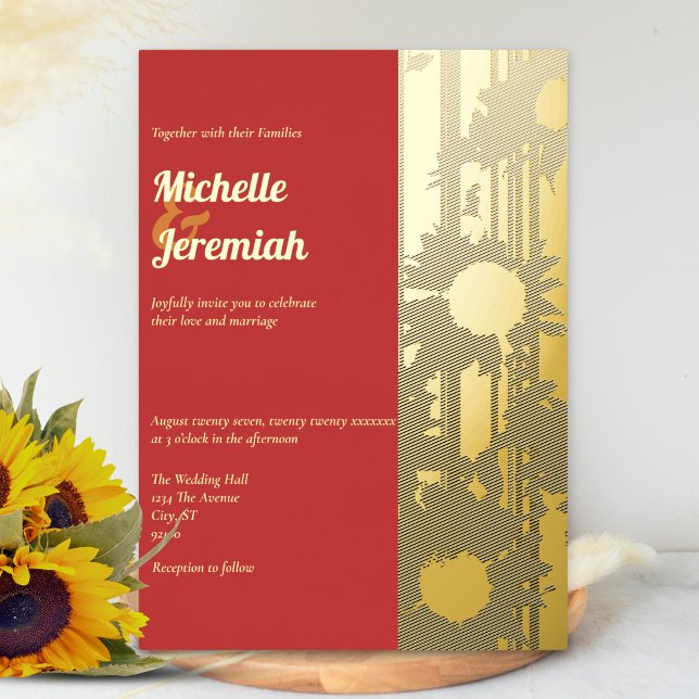 Invitation En Aluminium Sunflower Coral Sunset Modern Wedding Gold (Créateur téléchargé)