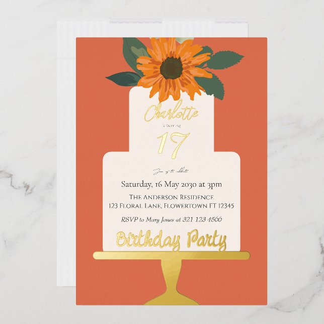 Invitation En Aluminium Sunflower Floral Gâteau fête d'anniversaire or (Enveloppe)