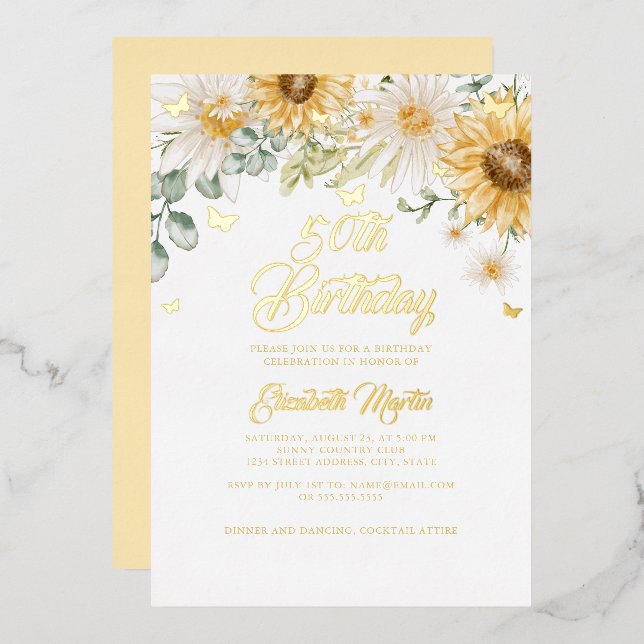 Invitation En Aluminium Sunflower Gold Butterfly 50th Birthday Party (Recto/Verso)